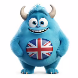 a little blue monster standing next to a ball