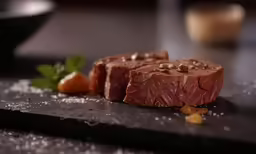 two different kind of meat on a black board