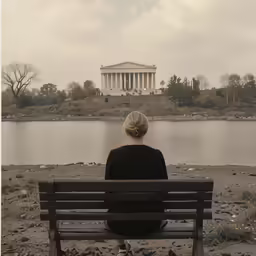 a woman sits on a bench looking at the capitol