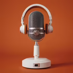 a white headphone and microphone on an orange background