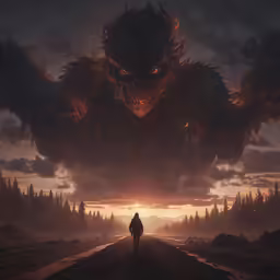 man looking down on a dark monster like figure