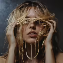 a woman that is holding her hair in the air