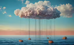 floating in the ocean beneath a cloud is a floating man and boat,people on boats are floating under a cloud in the ocean