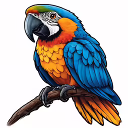 a blue and yellow parrot sitting on top of a branch
