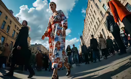 a woman walks down the street in an old fashion fashion