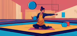 a cartoon showing a person holding up something,a woman kneeling on a mat in a room with a ball