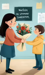 a man handing flowers to a young girl