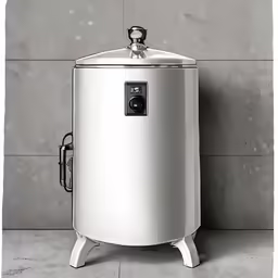 an older stainless steel beer cooler on white legs