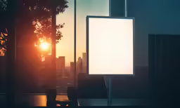 a large white sign in front of some windows