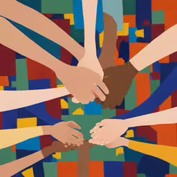 a group of hands reaching into each other,a group of people is holding each other in front of a multi - colored backdrop