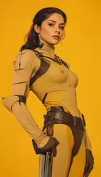 a woman is standing up in yellow clothes