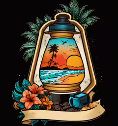 an image of a light on top of the table,an illustration of a lantern and palm trees in the background