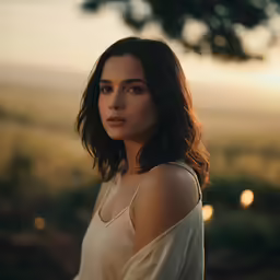 a woman stands with her eyes half closed in the sunset