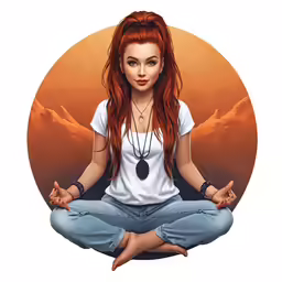 a woman with red hair sitting in a lotus position