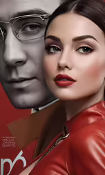 a woman in a red leather dress and man in a brown suit