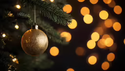a ball hanging from a christmas tree next to a blurry backdrop