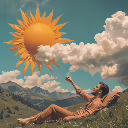 a man is sitting on the grass while he is holding a sun above his head