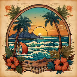 a painting of palm trees, a surfboard and water,a tropical poster of sunset with an umbrella and flowers