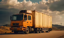 an orange semi truck parked on the side of the road,a large yellow truck is driving down the street