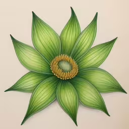 a drawing of an ornate flower with green leaves,an artistic green flower drawing that looks realistic