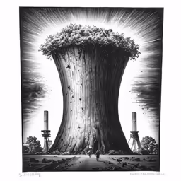 a giant, tall tree with three water towers
