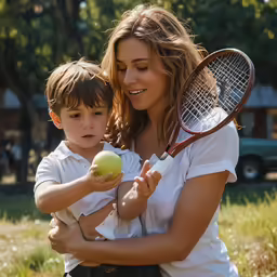 a mother and son are holding tennis racquets and an apple