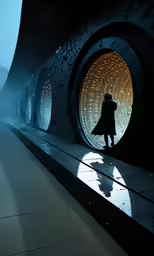 a man standing on top of a runway with a star lit tunnel in the background