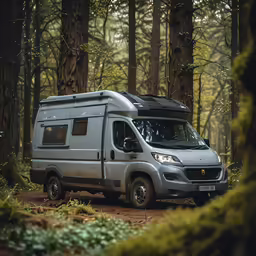 a van is parked in the woods with its doors open