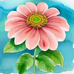 watercolor painting of flower on white background,a painting of a large pink flower with leaves,a pink flower with two leaves near the tip,a large flower is shown with leaves on the side,a pink flower with green leaves on blue paper