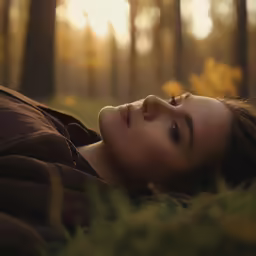 an attractive woman laying in the woods on a fall day