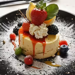 a piece of cake sitting on a plate with fruit on top