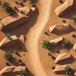 several rocks and small green plants on a desert surface