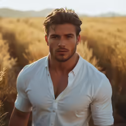 a man is posing in an open field