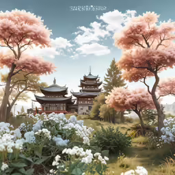 a view of trees with pink flowers and pagoda in the background