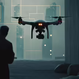 a man is looking at a small, quad - rotored camera drone in the air