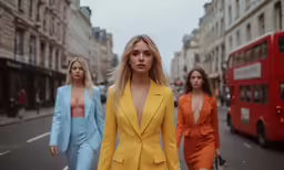 some women walking down the street while one is wearing a suit