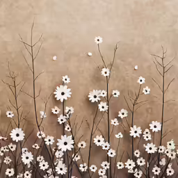 several white flowers and one black and white flower are on the left side of a tan wall