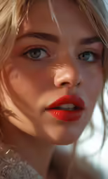 a beautiful blonde woman with bright red lips