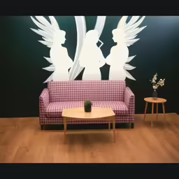 an image of an angel background behind the couch