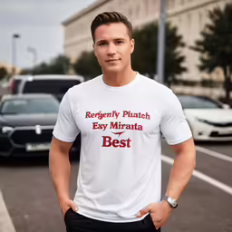 a young man wearing a white ringer is standing in a parking lot with his hand on his hip