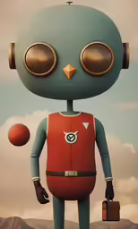 a blue cartoon character with a bag, suitcase and some eyes