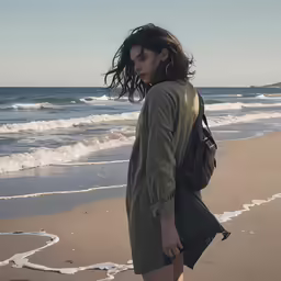 a woman with long hair is walking along the shore
