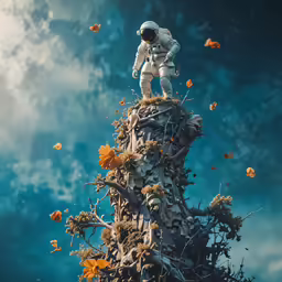 an astronaut standing on top of a tree in the sky