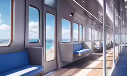 a long train has large windows overlooking the ocean