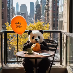 a panda bear sitting at a table with balloons
