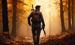 the soldier is in the forest holding two gun,the image depicts a man with a rifle walking through the woods in a bright yellow haze