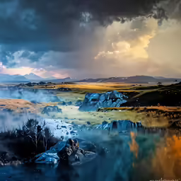 a painting of rocky hills and a body of water
