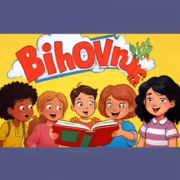children are standing and reading in front of a sign for bilevo