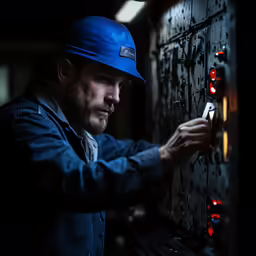 man looking at electronic board with many circuit boards on
