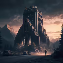 a giant sci - fi monster like tower stands in the distance as it appears to be in a mountainous region